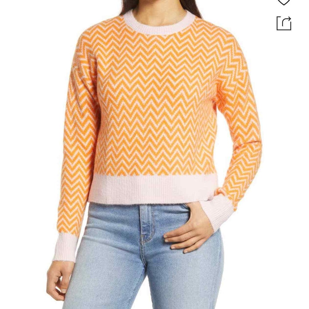Halogen Chevron Zig Zag Orange Pink Trim Knit Crewneck Sweater Size XS NEW